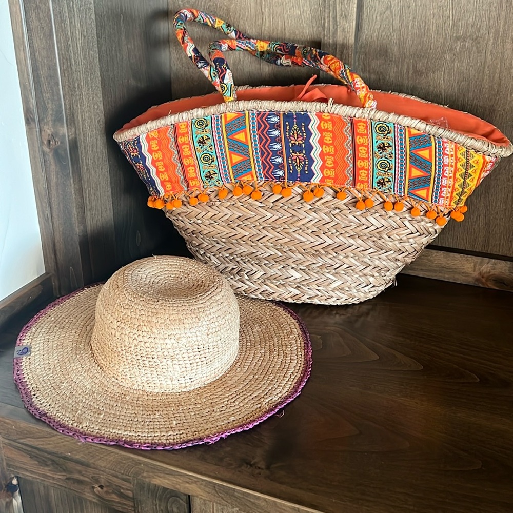 Straw Beach Tote & Sun Hat Bundle